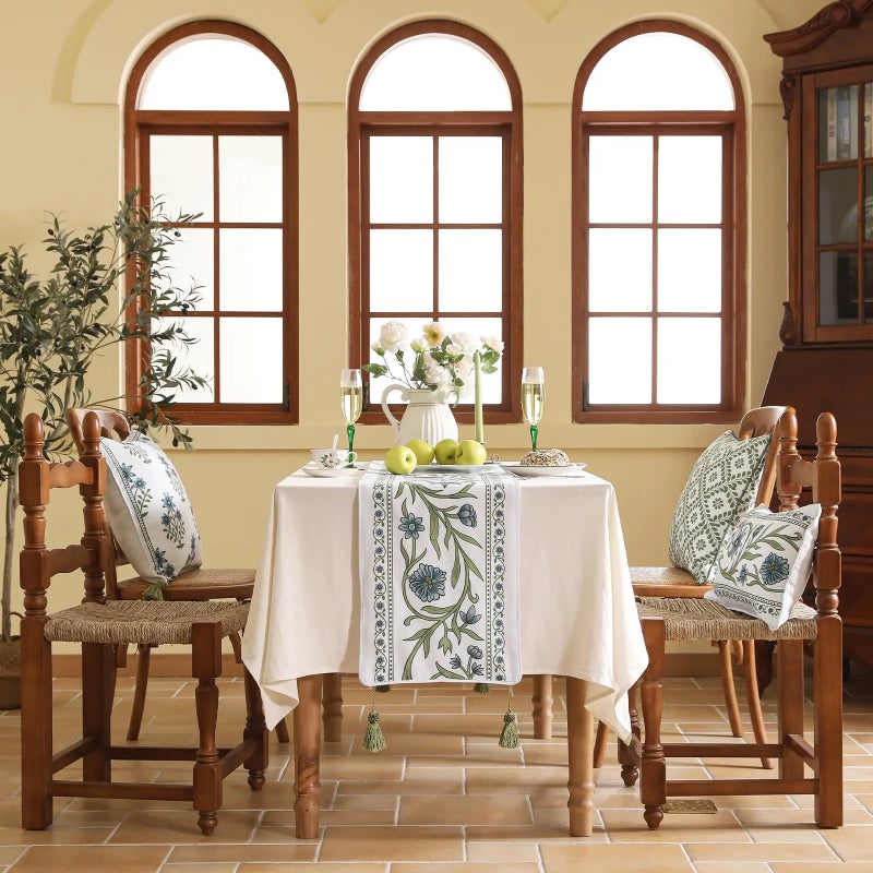 Bluejw Good Quality Green Floral Print Woven Table Runner with Tassels High Quality Cotton Table Runner for Dining Table Decor - Image 3